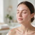 Woman with eyes closed, glowing skin in a calm spa setting during a facial treatment