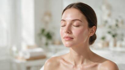 Woman with eyes closed, glowing skin in a calm spa setting during a facial treatment