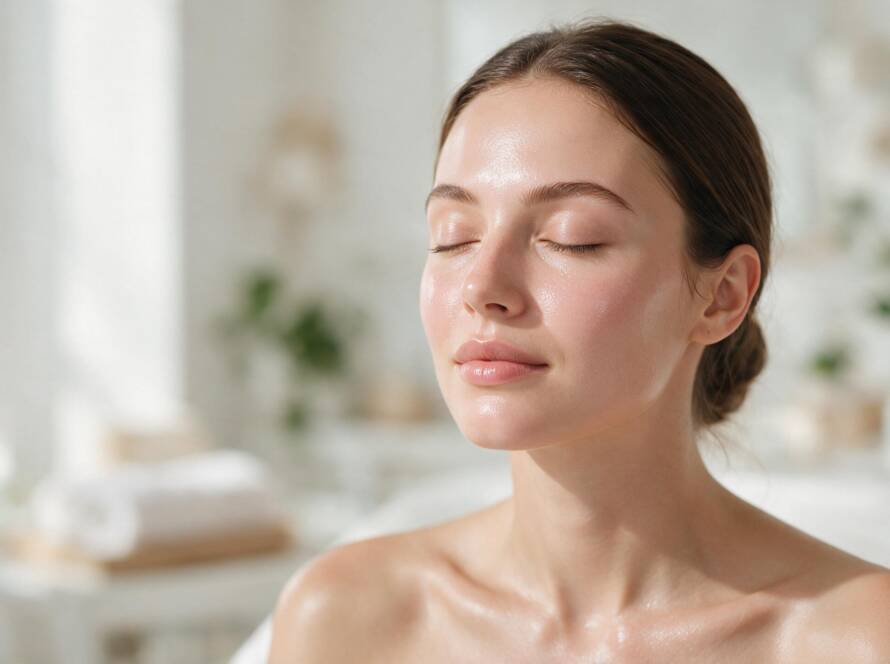 Woman with eyes closed, glowing skin in a calm spa setting during a facial treatment
